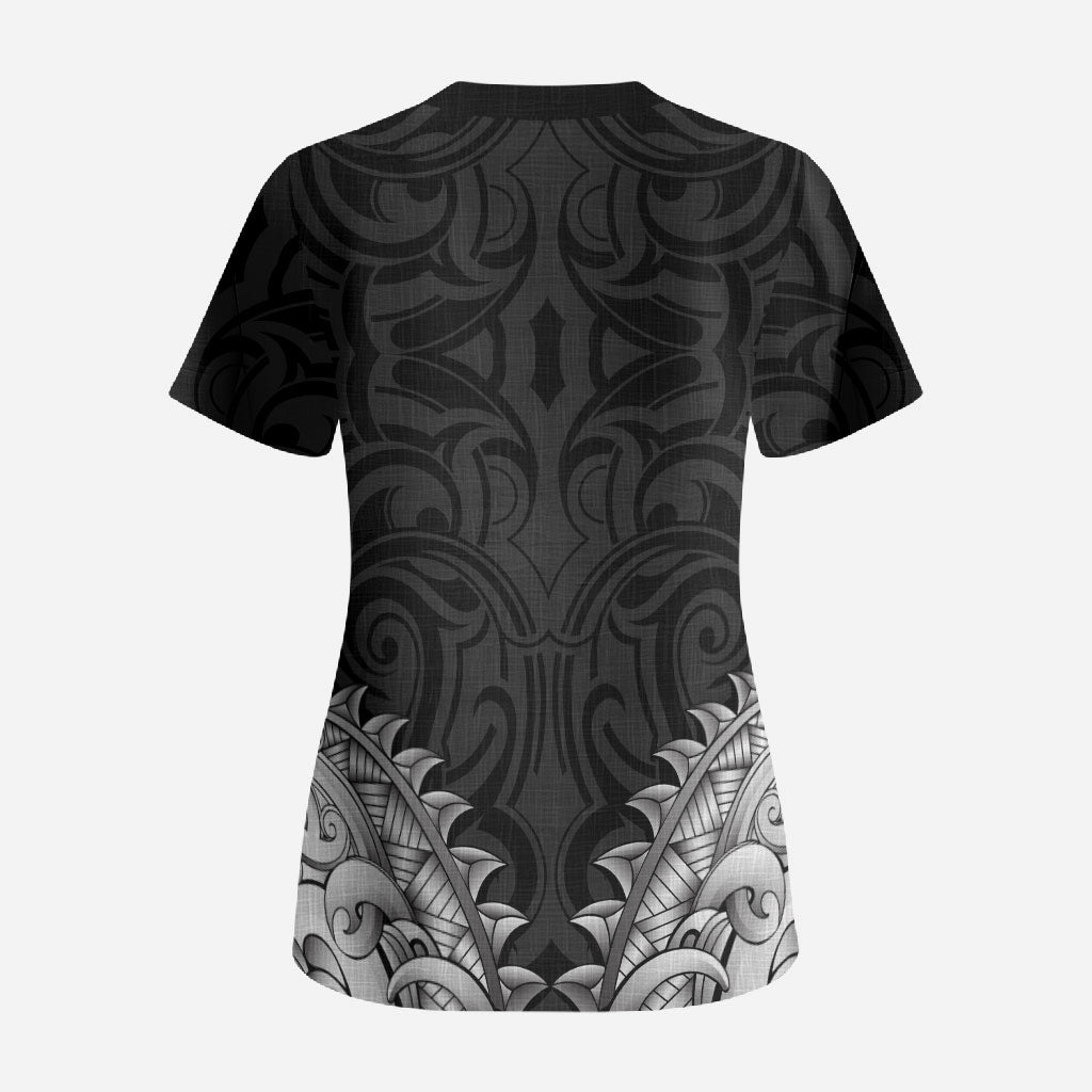 New Zealand Ta Moko Scrub Top Aotearoa Maori Chest Tattoo Black LT14 - Polynesian Pride