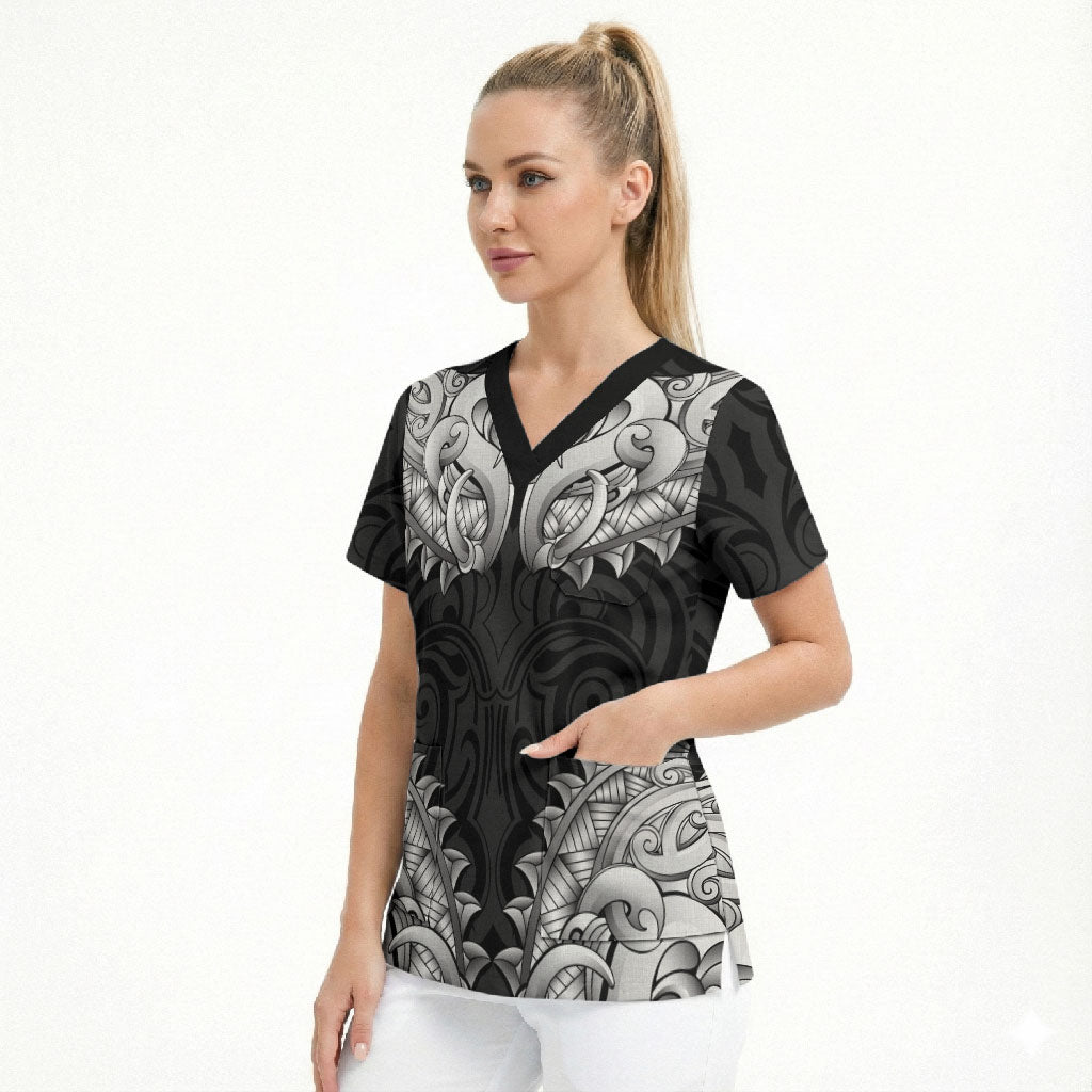 New Zealand Ta Moko Scrub Top Aotearoa Maori Chest Tattoo Black LT14 - Polynesian Pride