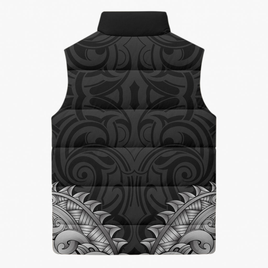 New Zealand Ta Moko Sleeveless Puffer Jacket Aotearoa Maori Chest Tattoo Black LT14 - Polynesian Pride