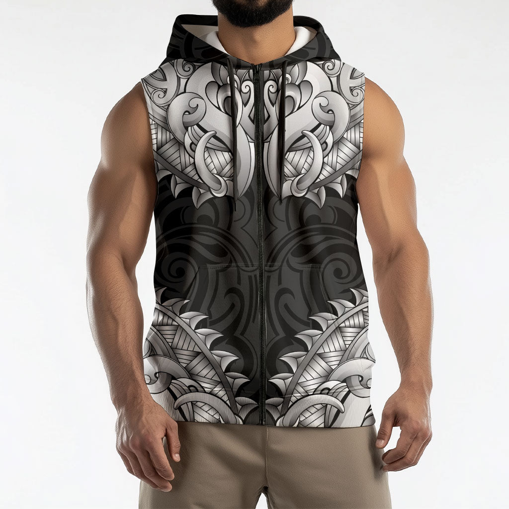 New Zealand Ta Moko Sleeveless Zip Hoodie Aotearoa Maori Chest Tattoo Black LT14 - Polynesian Pride