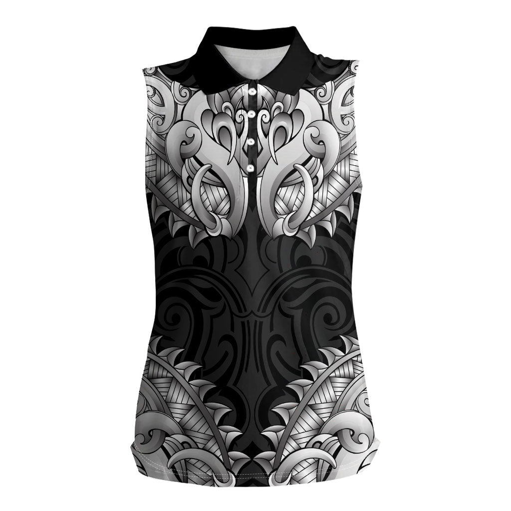 New Zealand Ta Moko Women Sleeveless Polo Shirt Aotearoa Maori Chest Tattoo Black LT14 Female Black - Polynesian Pride