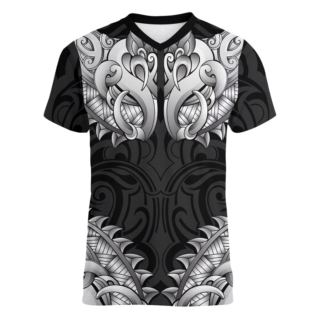 New Zealand Ta Moko Women V-Neck T-Shirt Aotearoa Maori Chest Tattoo Black LT14 Female Black - Polynesian Pride
