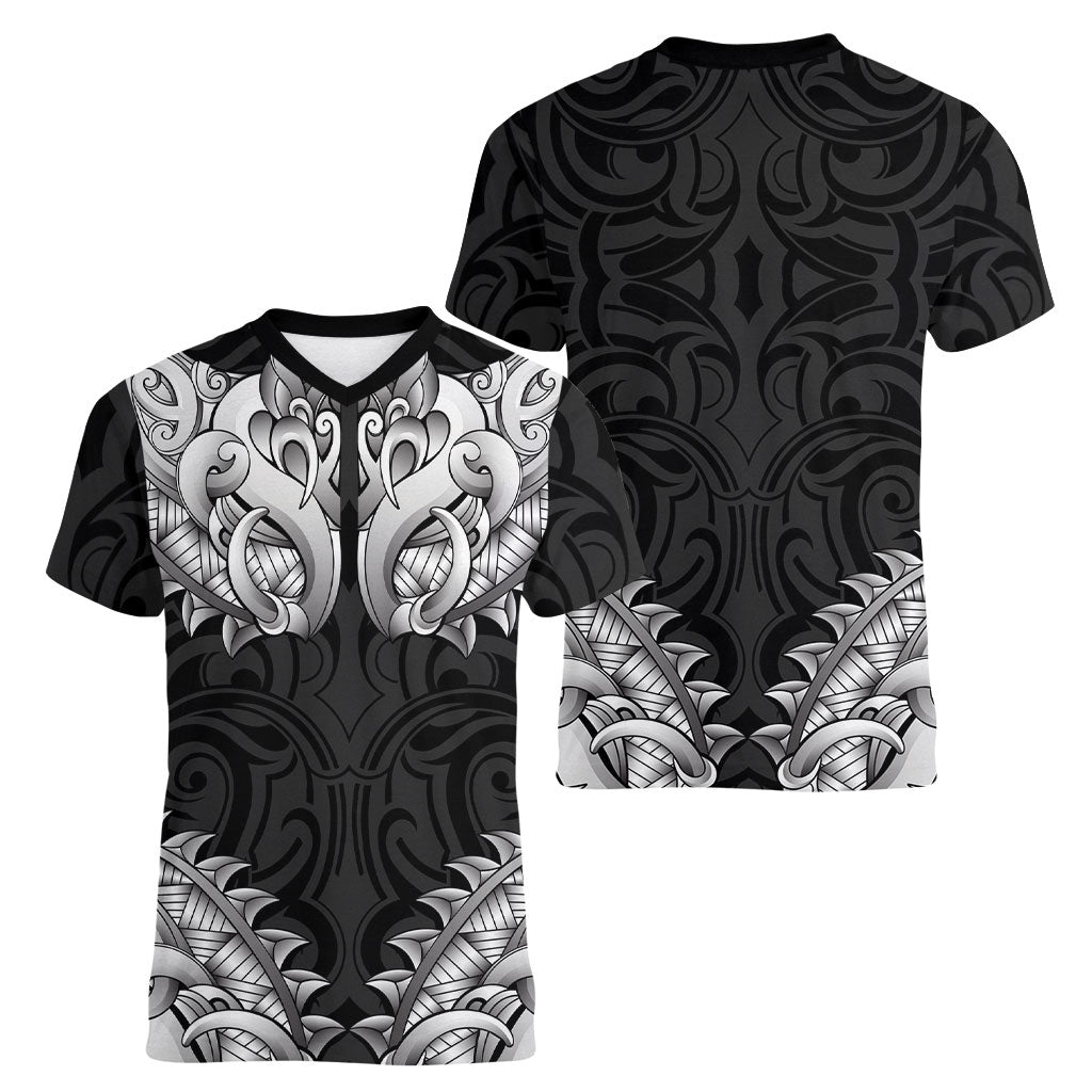New Zealand Ta Moko Women V-Neck T-Shirt Aotearoa Maori Chest Tattoo Black LT14 - Polynesian Pride