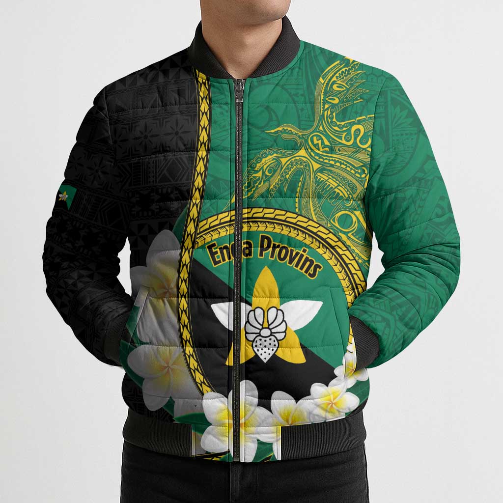 Personalised PNG Enga Provins Bomber Puffer Jacket Papua New Guinea Plumeria Melanesian Pattern - Polynesian Pride