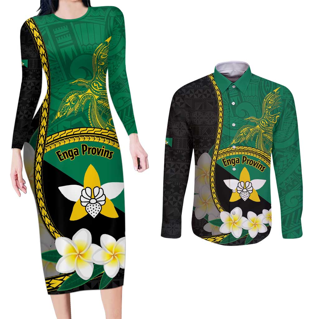 Personalised PNG Enga Provins Couples Matching Long Sleeve Bodycon Dress and Long Sleeve Button Shirt Papua New Guinea Plumeria Melanesian Pattern - Polynesian Pride