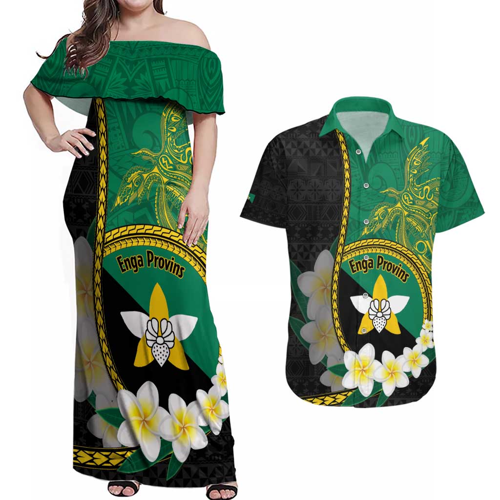 Personalised PNG Enga Provins Couples Matching Off Shoulder Maxi Dress and Hawaiian Shirt Papua New Guinea Plumeria Melanesian Pattern - Polynesian Pride