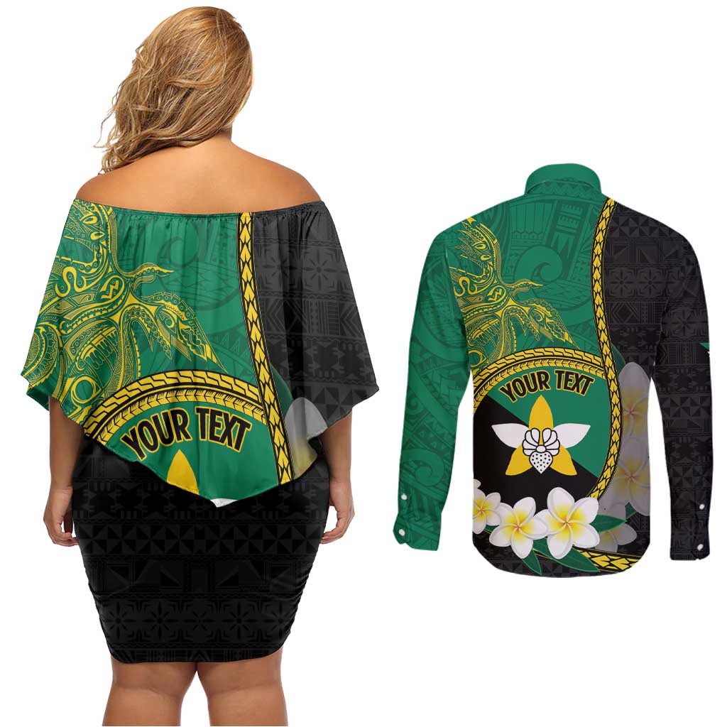 Personalised PNG Enga Provins Couples Matching Off Shoulder Short Dress and Long Sleeve Button Shirt Papua New Guinea Plumeria Melanesian Pattern - Polynesian Pride