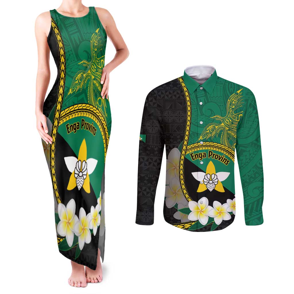 Personalised PNG Enga Provins Couples Matching Tank Maxi Dress and Long Sleeve Button Shirt Papua New Guinea Plumeria Melanesian Pattern - Polynesian Pride