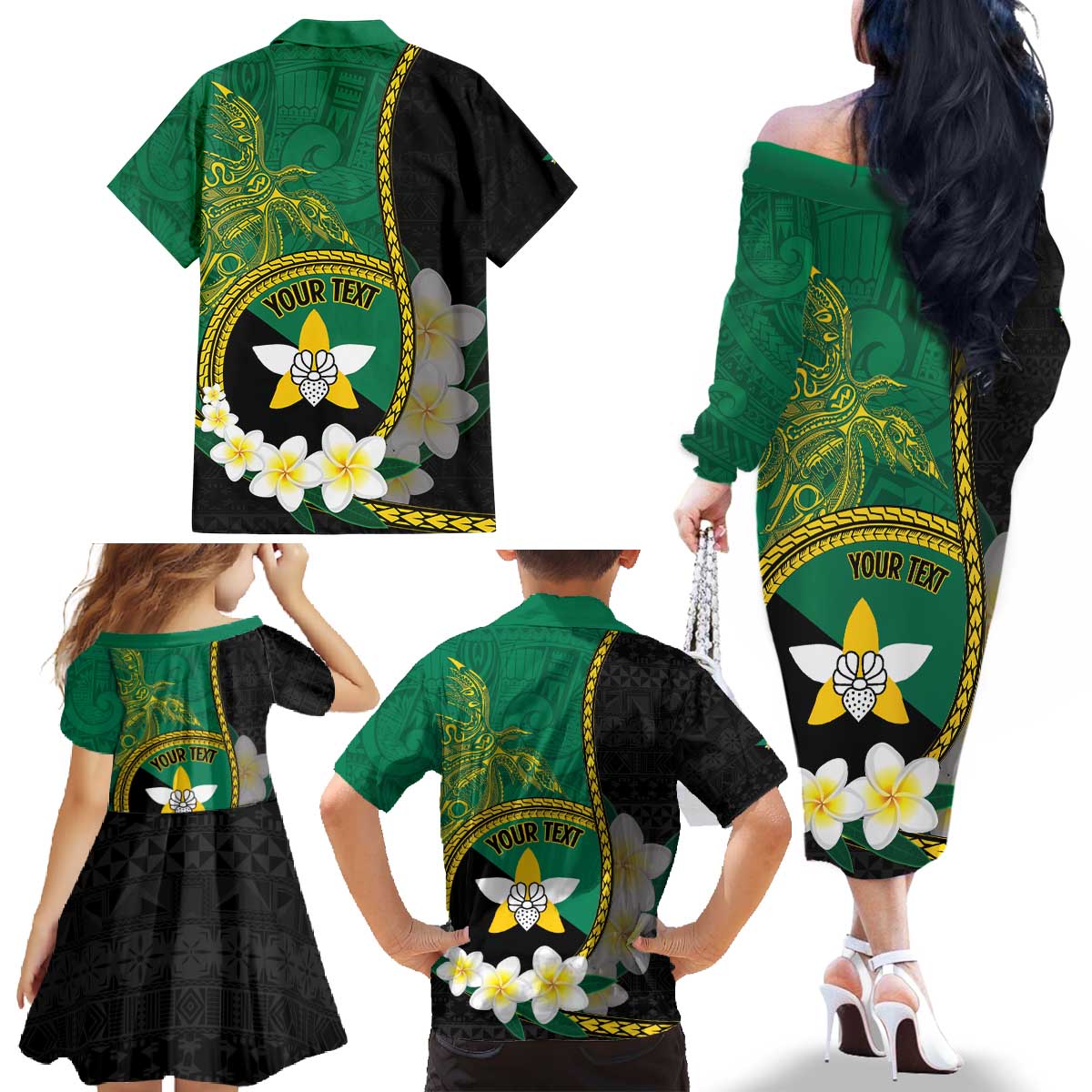 Personalised PNG Enga Provins Family Matching Off The Shoulder Long Sleeve Dress and Hawaiian Shirt Papua New Guinea Plumeria Melanesian Pattern - Polynesian Pride