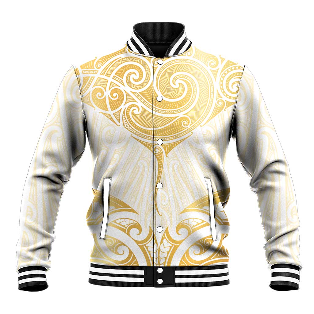Gold White New Zealand Manta Ray Baseball Jacket Aotearoa Maori Haehae - Polynesian Pride