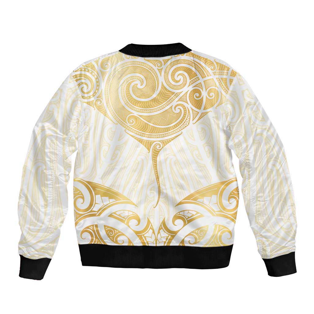 Gold White New Zealand Manta Ray Bomber Jacket Aotearoa Maori Haehae - Polynesian Pride