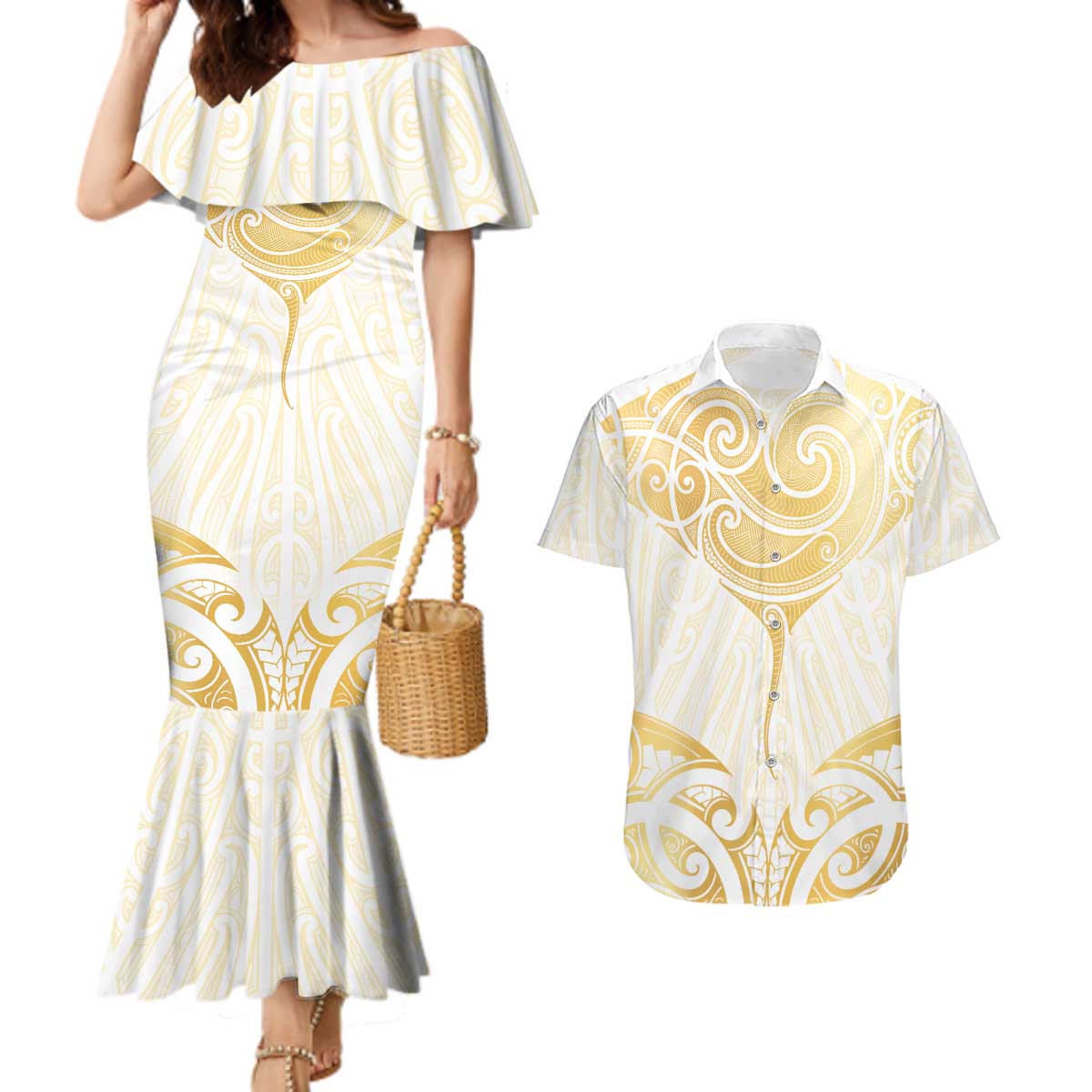 Gold White New Zealand Manta Ray Couples Matching Mermaid Dress and Hawaiian Shirt Aotearoa Maori Haehae - Polynesian Pride
