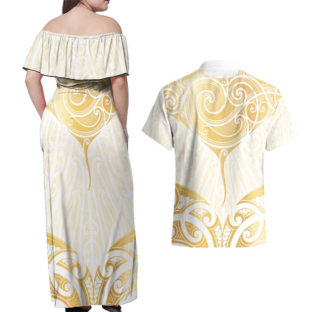 Gold White New Zealand Manta Ray Couples Matching Off Shoulder Maxi Dress and Hawaiian Shirt Aotearoa Maori Haehae - Polynesian Pride