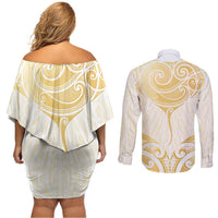 Gold White New Zealand Manta Ray Couples Matching Off Shoulder Short Dress and Long Sleeve Button Shirt Aotearoa Maori Haehae - Polynesian Pride