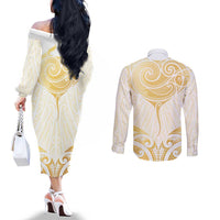 Gold White New Zealand Manta Ray Couples Matching Off The Shoulder Long Sleeve Dress and Long Sleeve Button Shirt Aotearoa Maori Haehae - Polynesian Pride