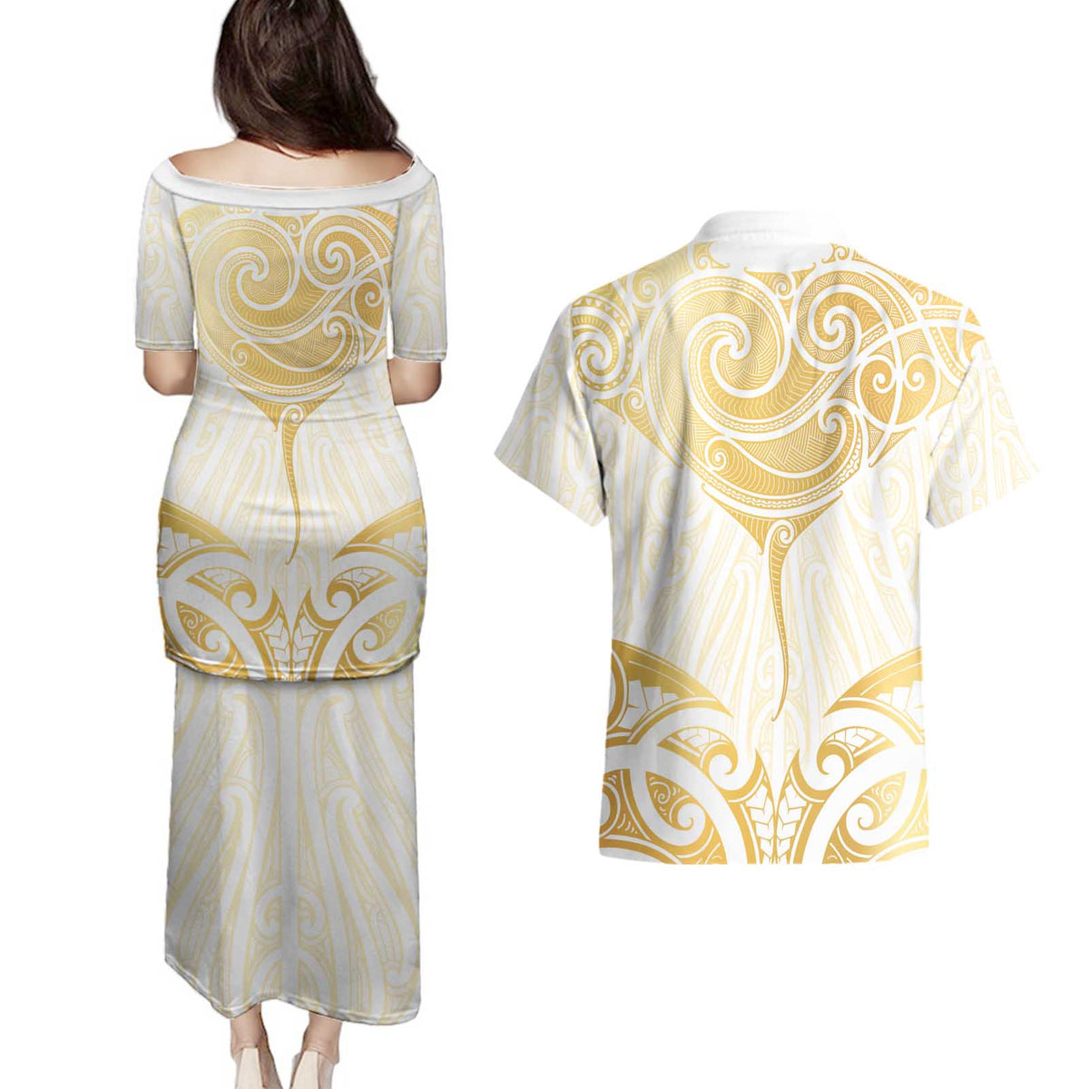 Gold White New Zealand Manta Ray Couples Matching Puletasi and Hawaiian Shirt Aotearoa Maori Haehae - Polynesian Pride