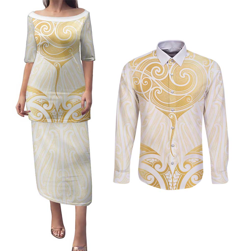 Gold White New Zealand Manta Ray Couples Matching Puletasi and Long Sleeve Button Shirt Aotearoa Maori Haehae - Polynesian Pride
