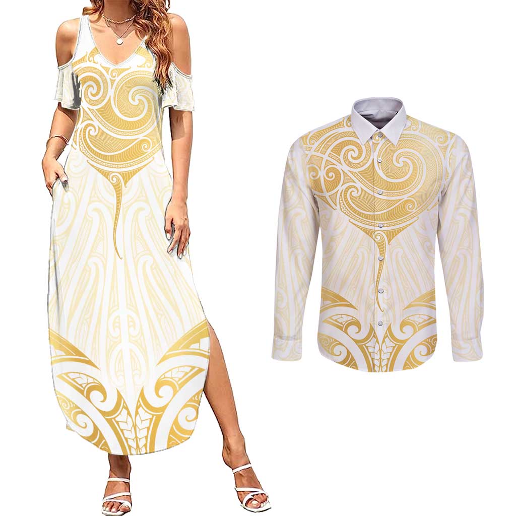 Gold White New Zealand Manta Ray Couples Matching Summer Maxi Dress and Long Sleeve Button Shirt Aotearoa Maori Haehae - Polynesian Pride