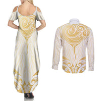 Gold White New Zealand Manta Ray Couples Matching Summer Maxi Dress and Long Sleeve Button Shirt Aotearoa Maori Haehae - Polynesian Pride