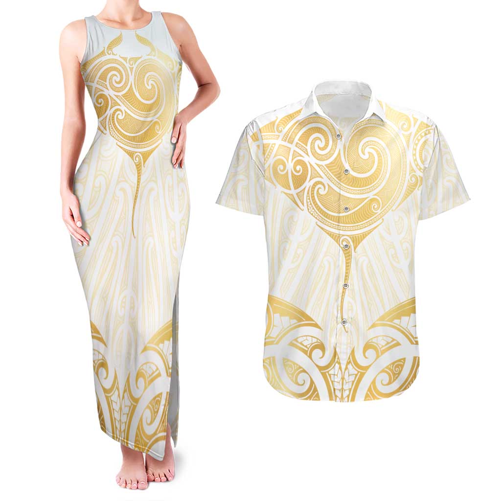 Gold White New Zealand Manta Ray Couples Matching Tank Maxi Dress and Hawaiian Shirt Aotearoa Maori Haehae - Polynesian Pride