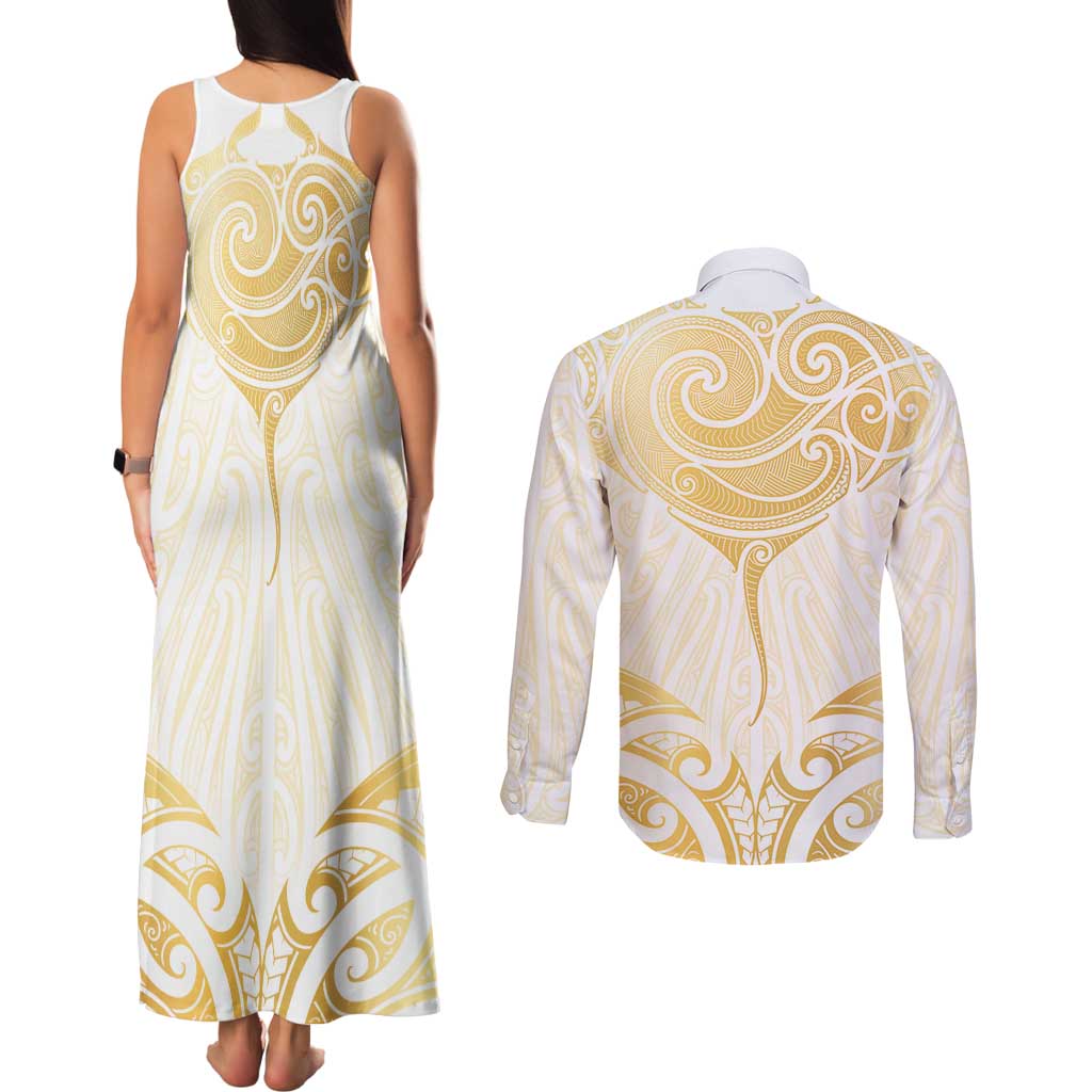Gold White New Zealand Manta Ray Couples Matching Tank Maxi Dress and Long Sleeve Button Shirt Aotearoa Maori Haehae - Polynesian Pride