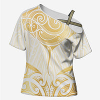 Gold White New Zealand Manta Ray Cross Shoulder Shirt Aotearoa Maori Haehae - Polynesian Pride
