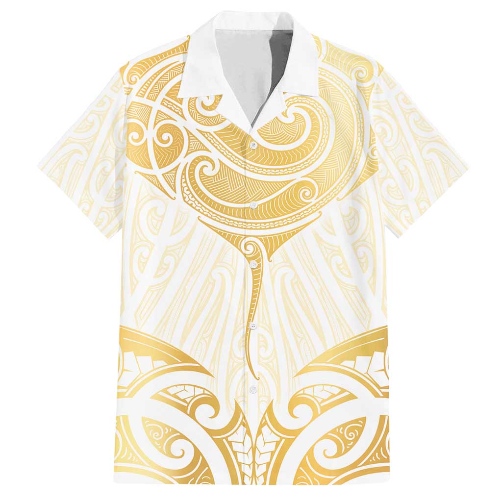 Gold White New Zealand Manta Ray Family Matching Long Sleeve Bodycon Dress and Hawaiian Shirt Aotearoa Maori Haehae LT14 Dad's Shirt - Short Sleeve White - Polynesian Pride