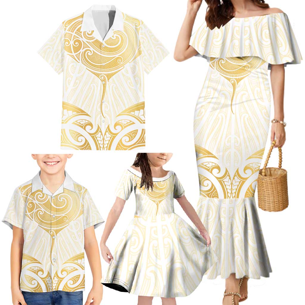 Gold White New Zealand Manta Ray Family Matching Mermaid Dress and Hawaiian Shirt Aotearoa Maori Haehae LT14 - Polynesian Pride