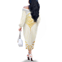 Gold White New Zealand Manta Ray Family Matching Off The Shoulder Long Sleeve Dress and Hawaiian Shirt Aotearoa Maori Haehae - Polynesian Pride