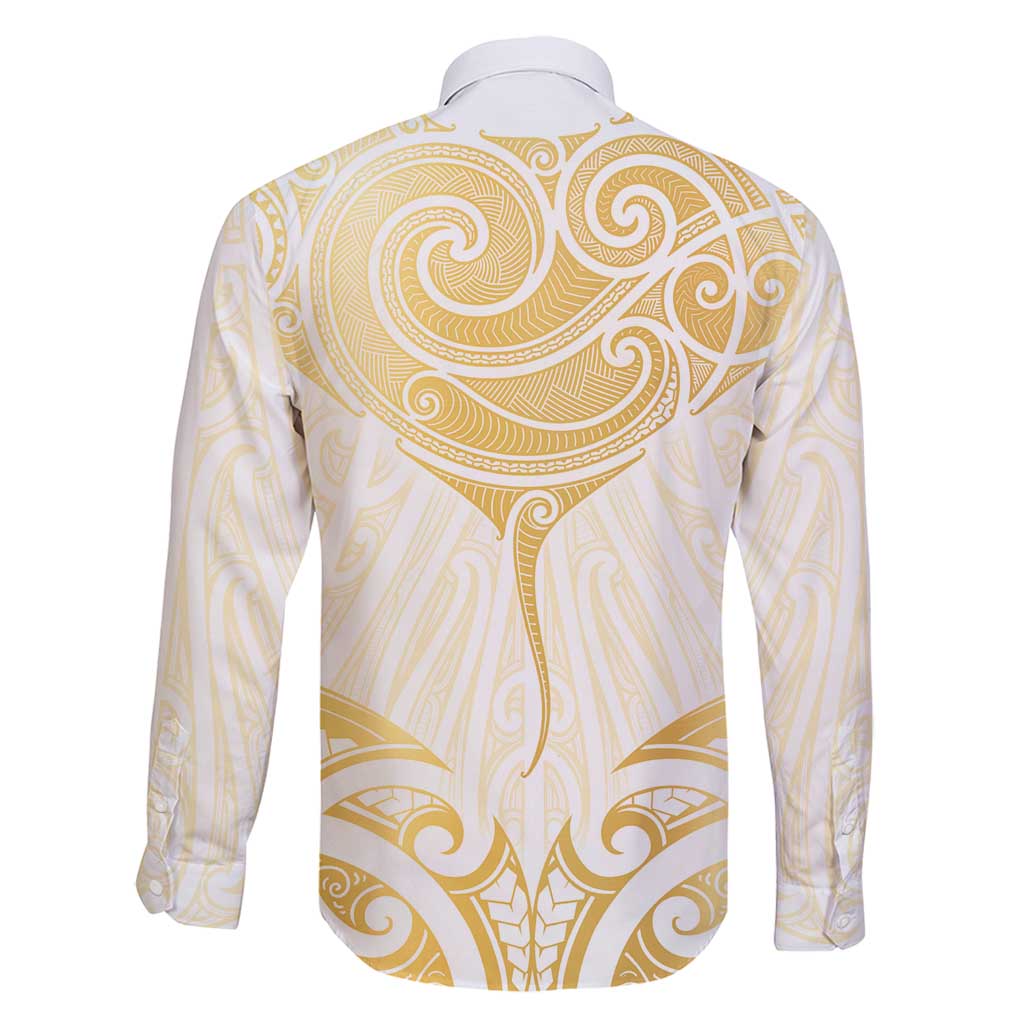 Gold White New Zealand Manta Ray Family Matching Off Shoulder Short Dress and Hawaiian Shirt Aotearoa Maori Haehae - Polynesian Pride