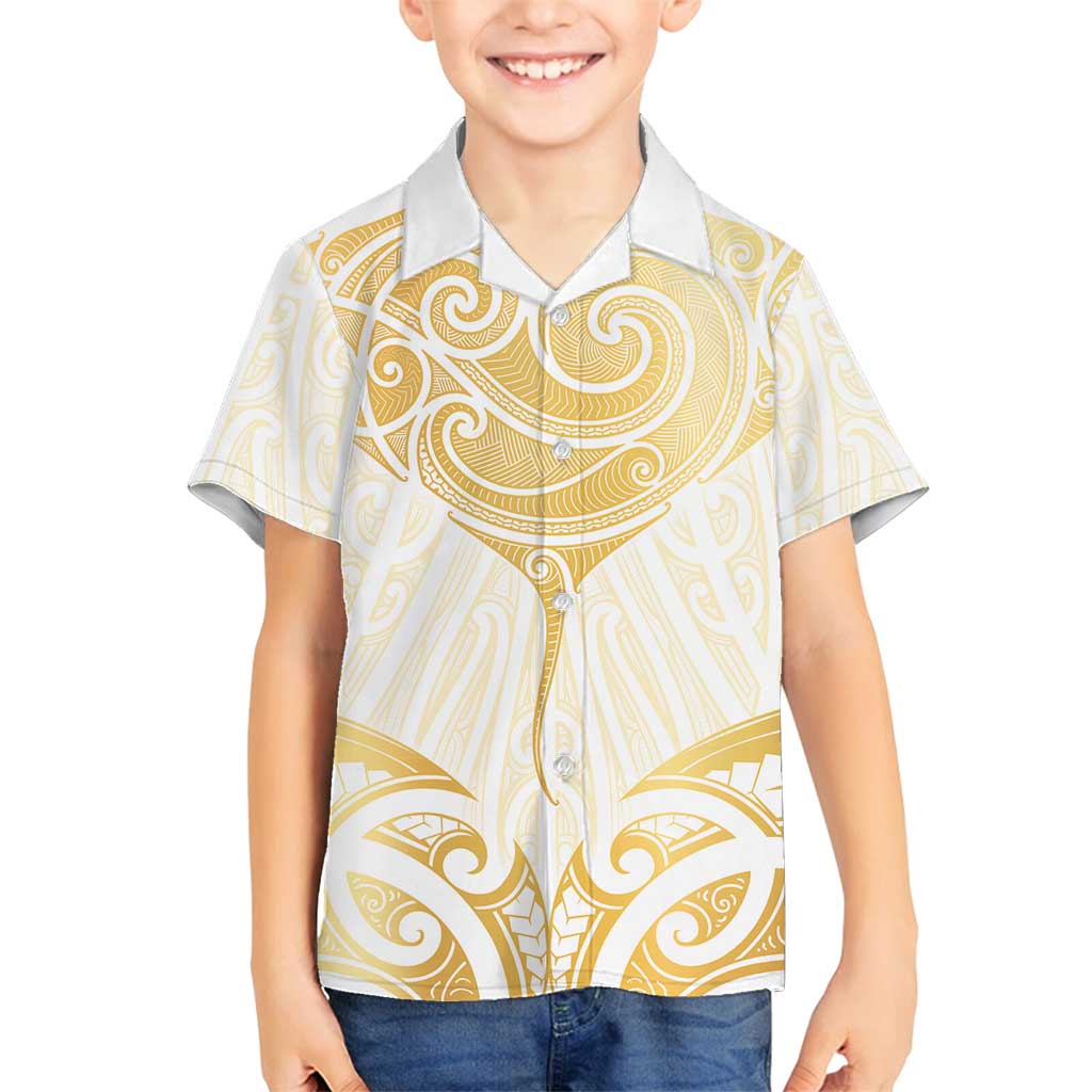 Gold White New Zealand Manta Ray Family Matching Off Shoulder Short Dress and Hawaiian Shirt Aotearoa Maori Haehae - Polynesian Pride