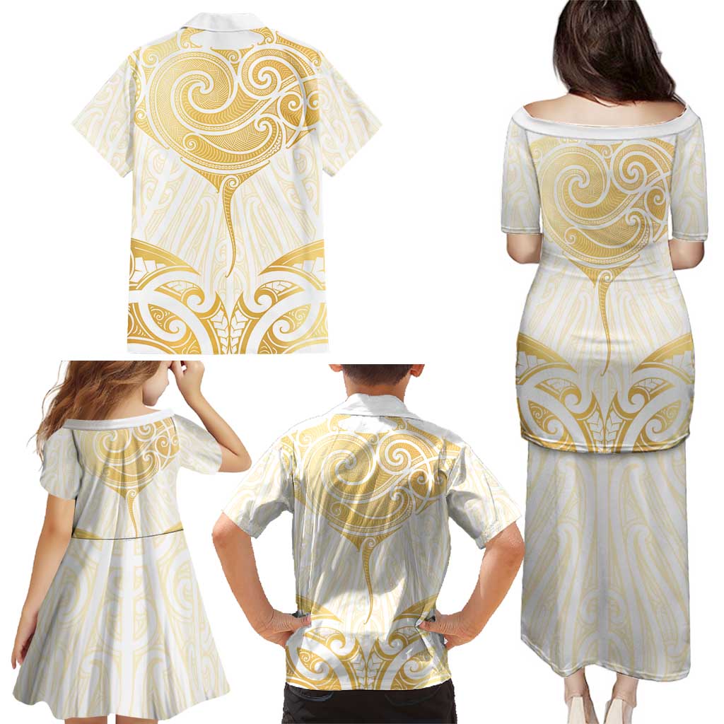 Gold White New Zealand Manta Ray Family Matching Puletasi and Hawaiian Shirt Aotearoa Maori Haehae - Polynesian Pride
