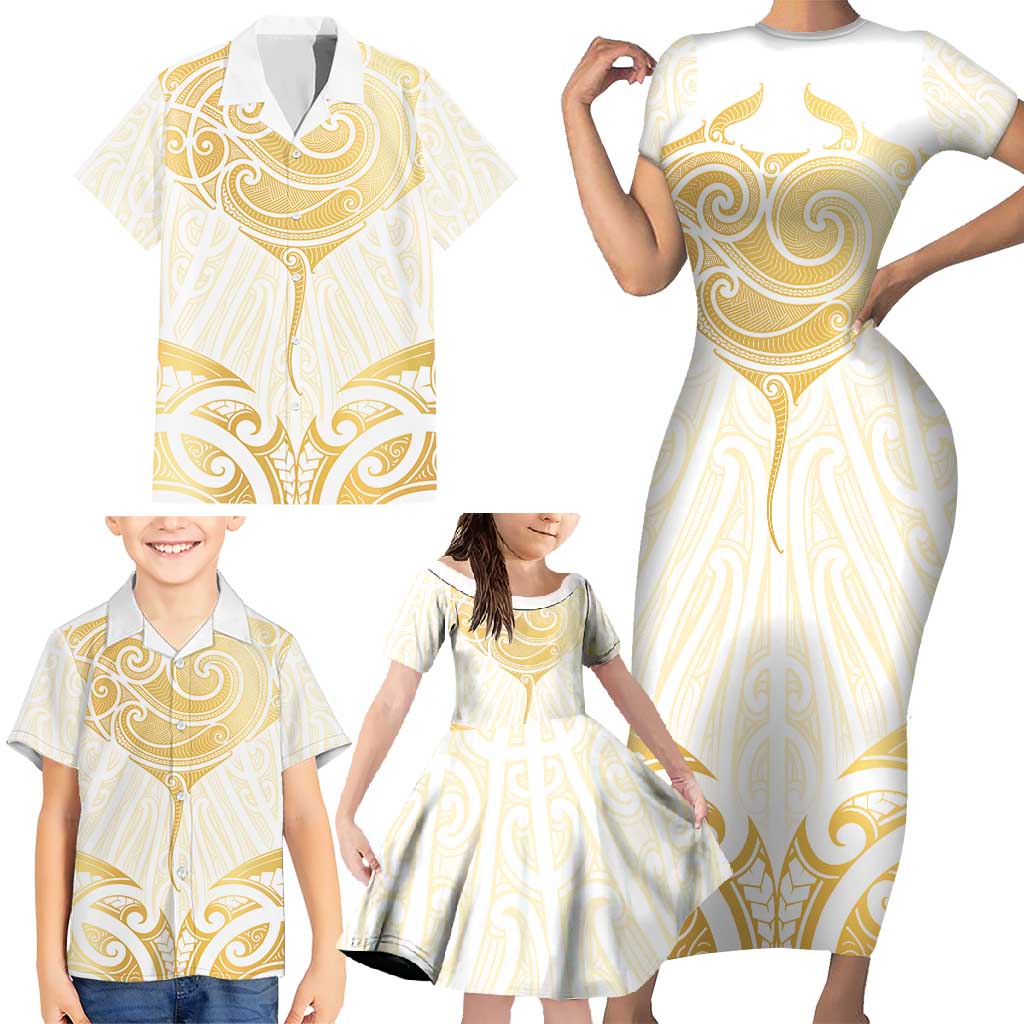 Gold White New Zealand Manta Ray Family Matching Short Sleeve Bodycon Dress and Hawaiian Shirt Aotearoa Maori Haehae LT14 - Polynesian Pride