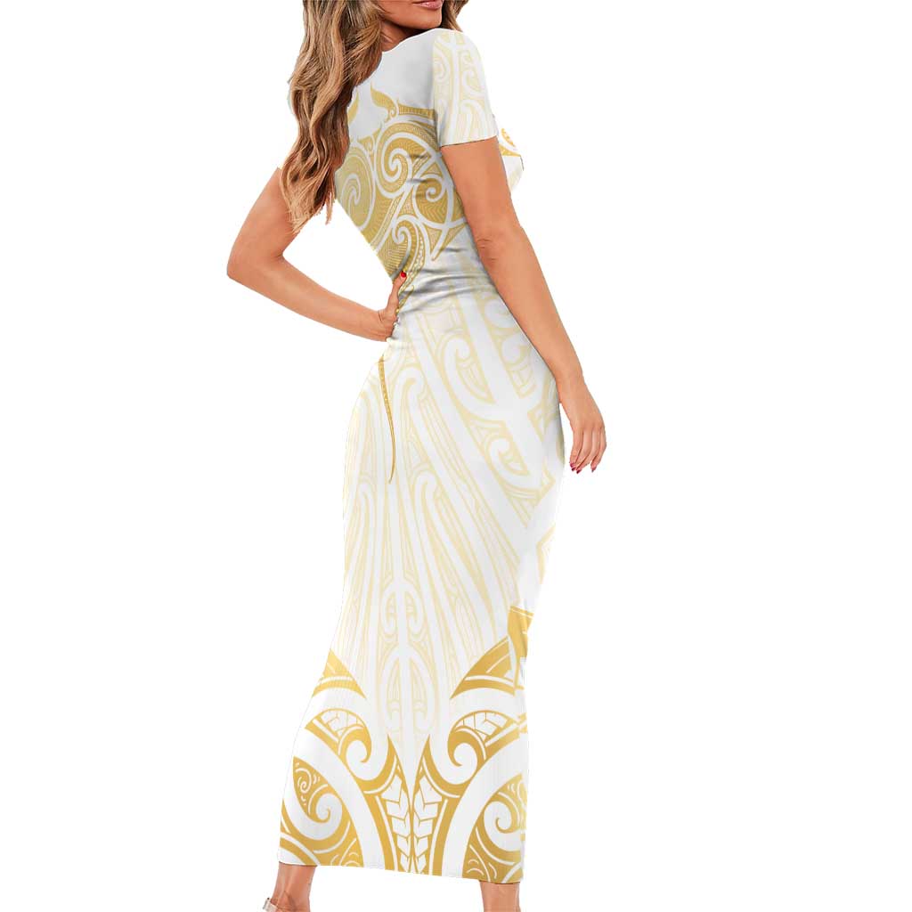 Gold White New Zealand Manta Ray Family Matching Short Sleeve Bodycon Dress and Hawaiian Shirt Aotearoa Maori Haehae LT14 - Polynesian Pride