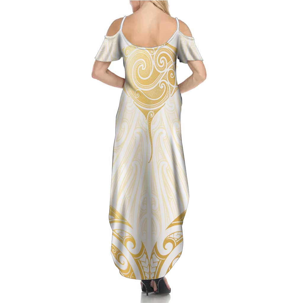 Gold White New Zealand Manta Ray Family Matching Summer Maxi Dress and Hawaiian Shirt Aotearoa Maori Haehae - Polynesian Pride