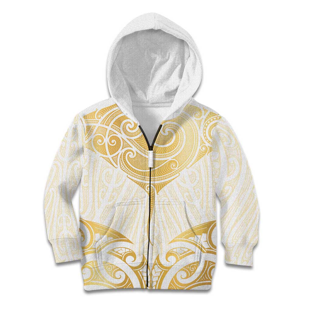 Gold White New Zealand Manta Ray Kid Hoodie Aotearoa Maori Haehae - Polynesian Pride