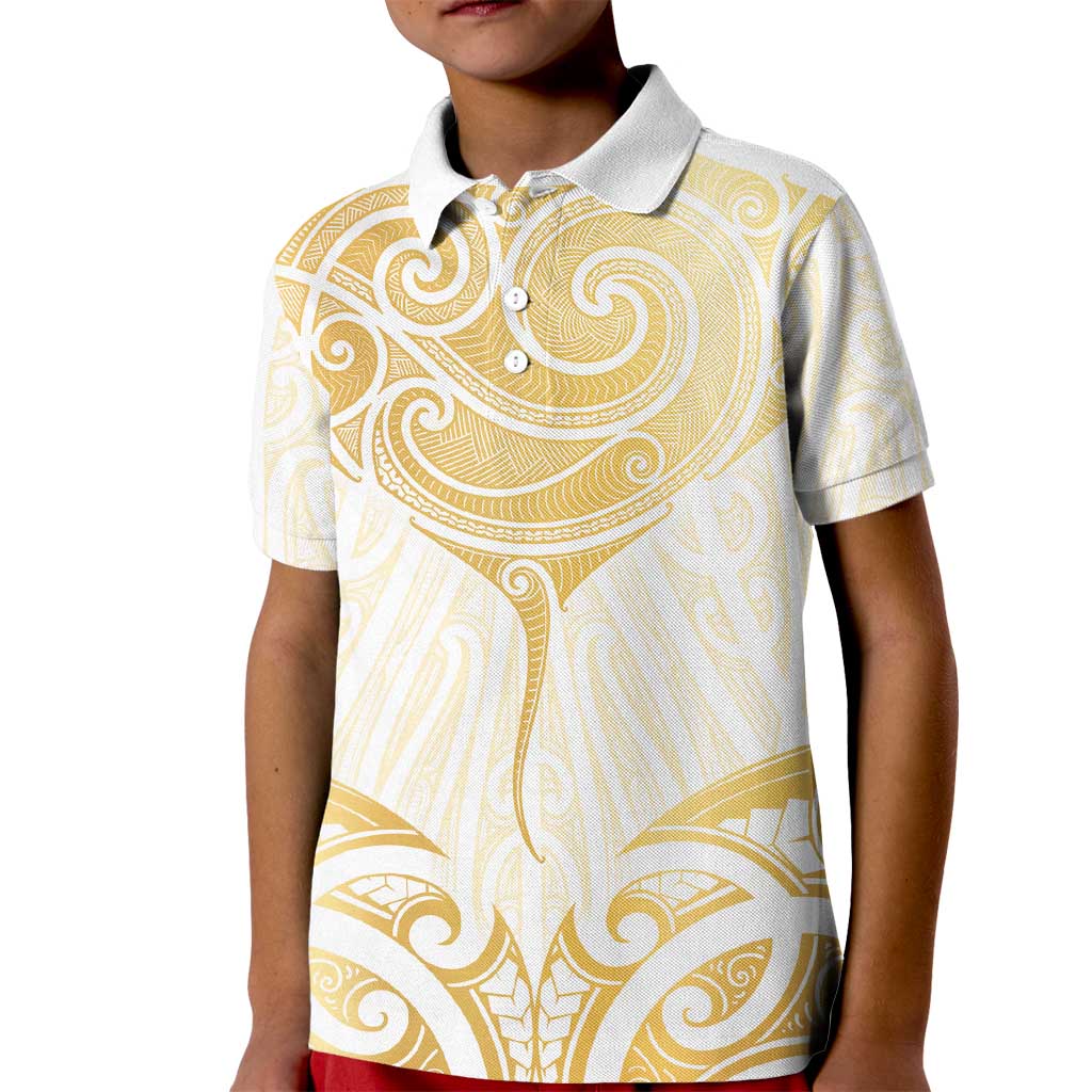Gold White New Zealand Manta Ray Kid Polo Shirt Aotearoa Maori Haehae - Polynesian Pride
