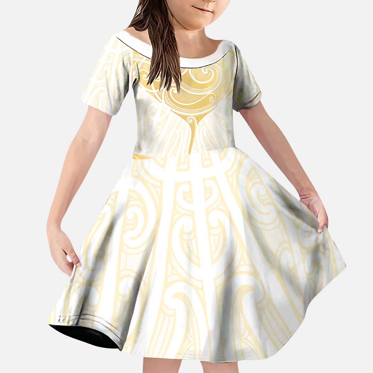 Gold White New Zealand Manta Ray Kid Short Sleeve Dress Aotearoa Maori Haehae - Polynesian Pride