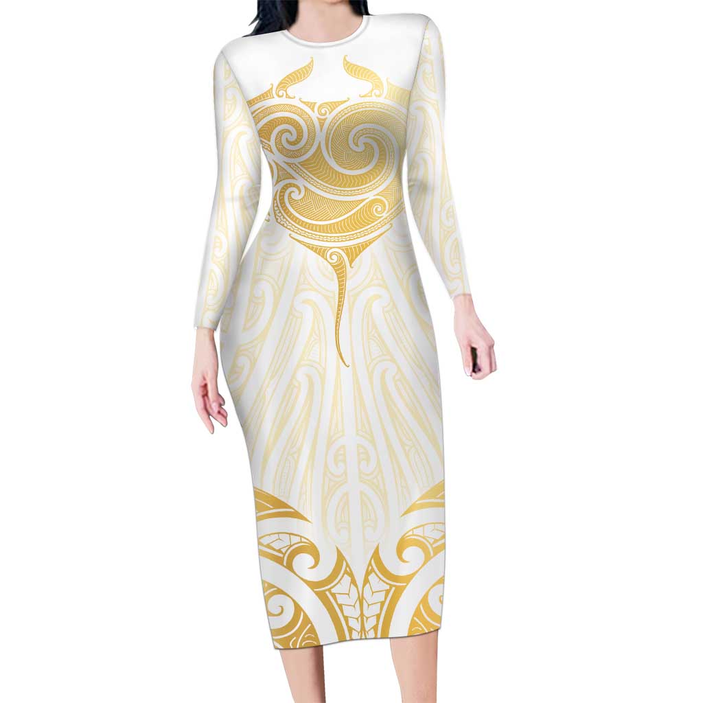 Gold White New Zealand Manta Ray Long Sleeve Bodycon Dress Aotearoa Maori Haehae - Polynesian Pride