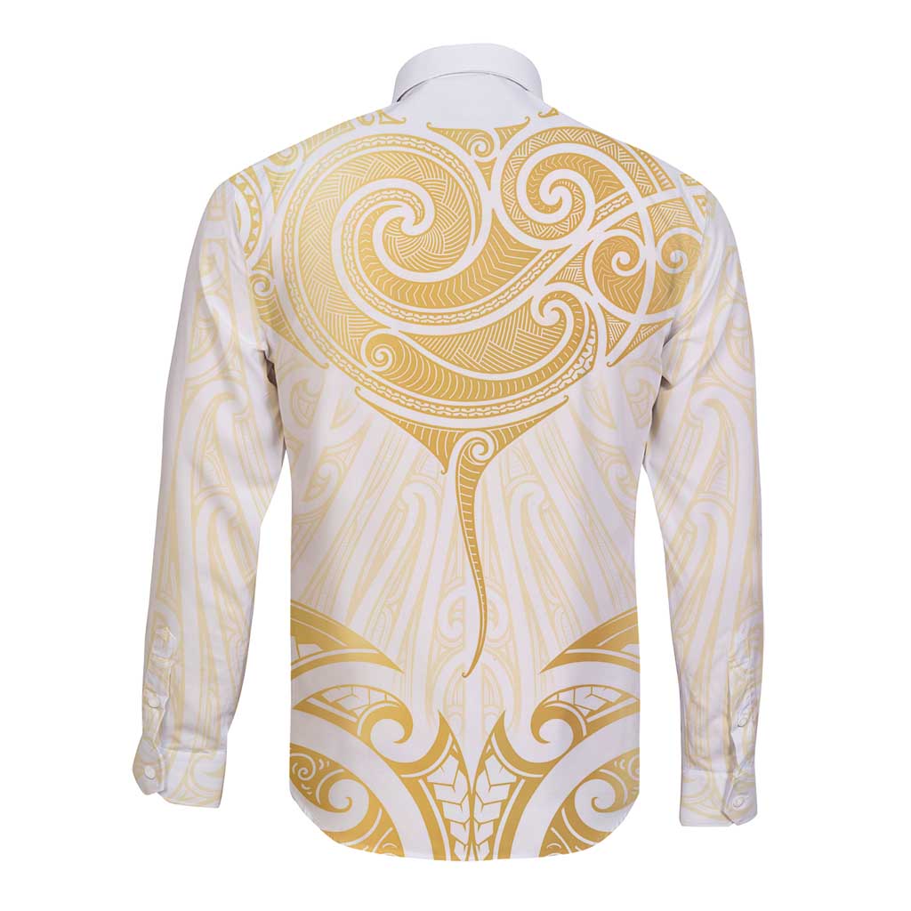 Gold White New Zealand Manta Ray Long Sleeve Button Shirt Aotearoa Maori Haehae - Polynesian Pride