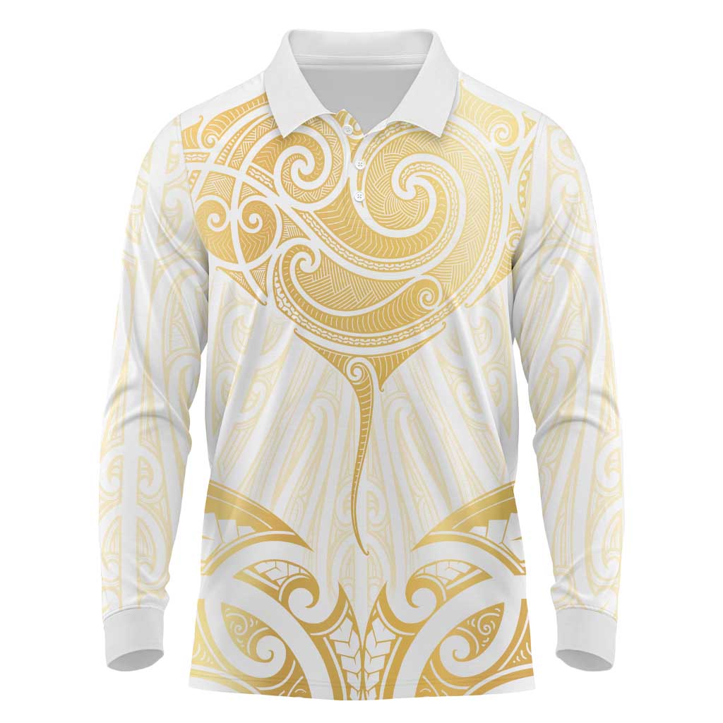Gold White New Zealand Manta Ray Long Sleeve Polo Shirt Aotearoa Maori Haehae - Polynesian Pride