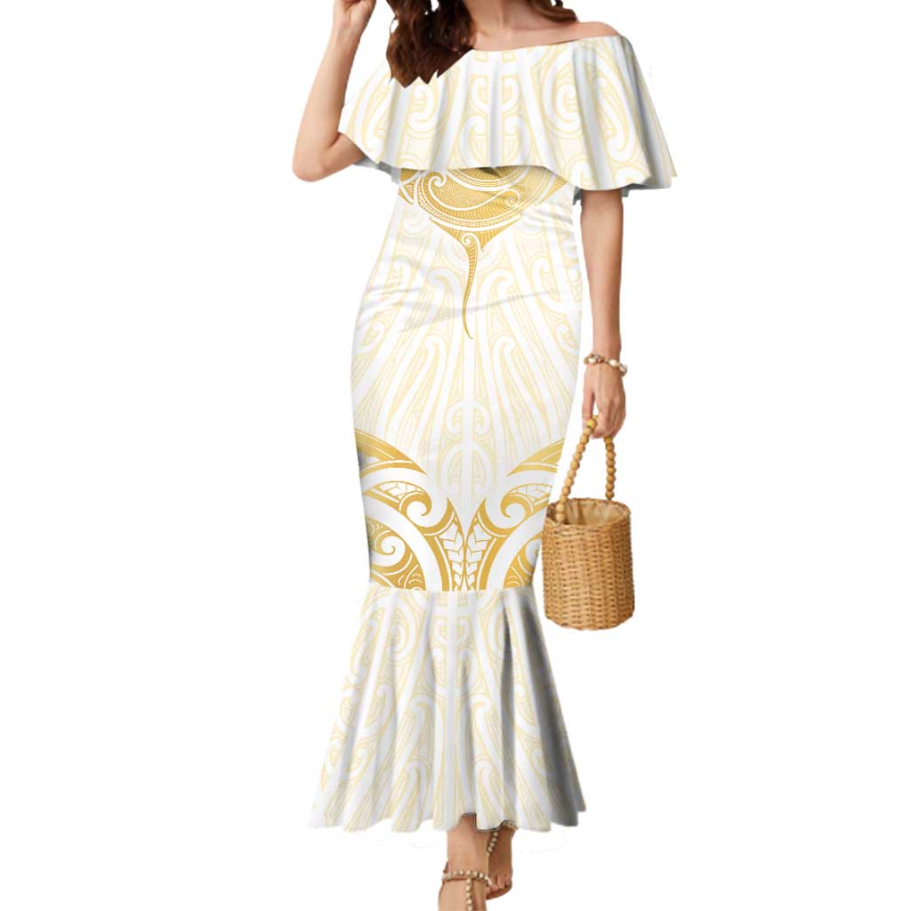 Gold White New Zealand Manta Ray Mermaid Dress Aotearoa Maori Haehae - Polynesian Pride