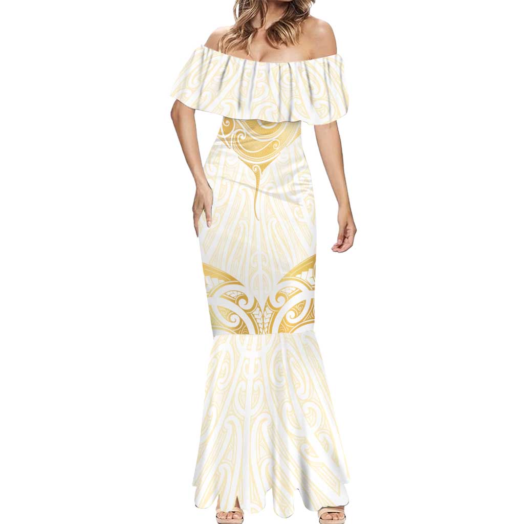 Gold White New Zealand Manta Ray Mermaid Dress Aotearoa Maori Haehae - Polynesian Pride