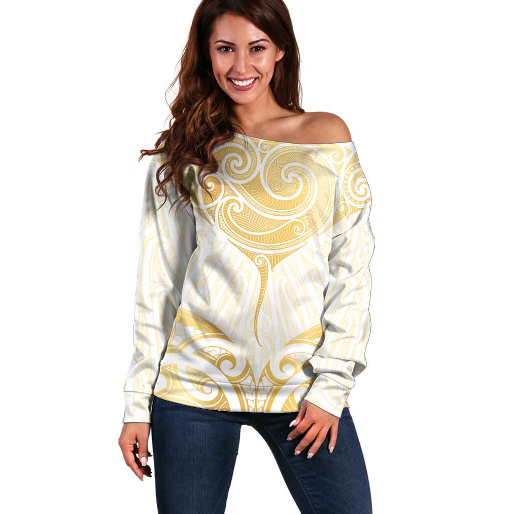 Gold White New Zealand Manta Ray Off Shoulder Sweater Aotearoa Maori Haehae - Polynesian Pride
