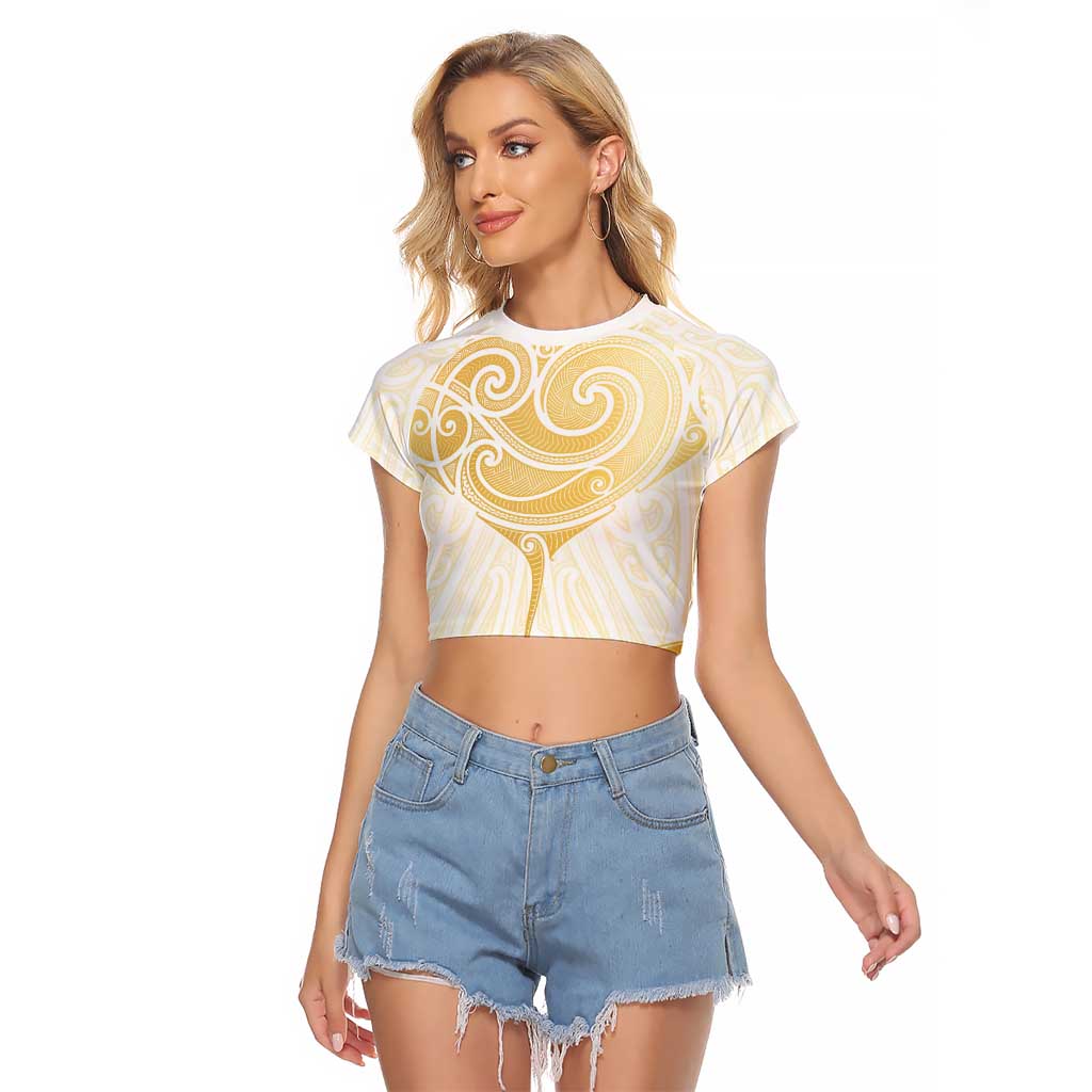 Gold White New Zealand Manta Ray Raglan Cropped T Shirt Aotearoa Maori Haehae - Polynesian Pride