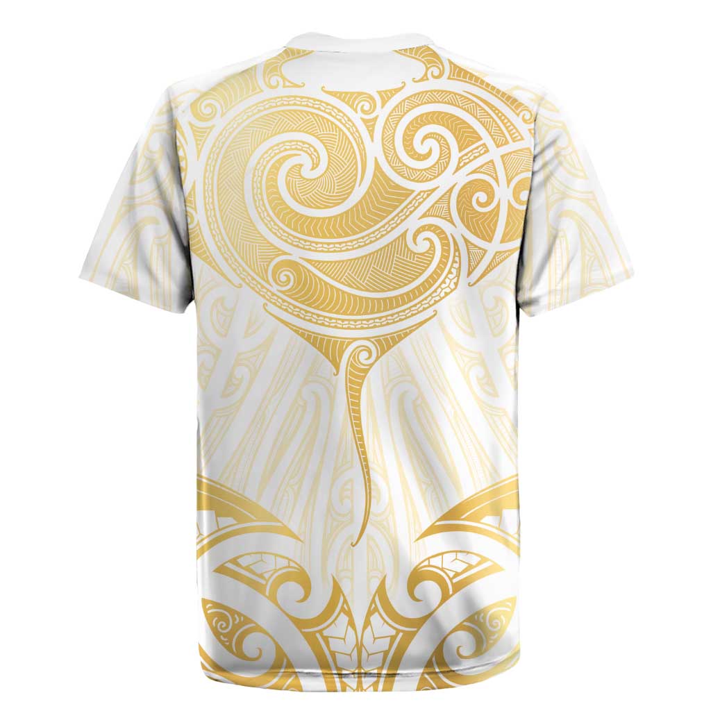 Gold White New Zealand Manta Ray Rugby Jersey Aotearoa Maori Haehae - Polynesian Pride