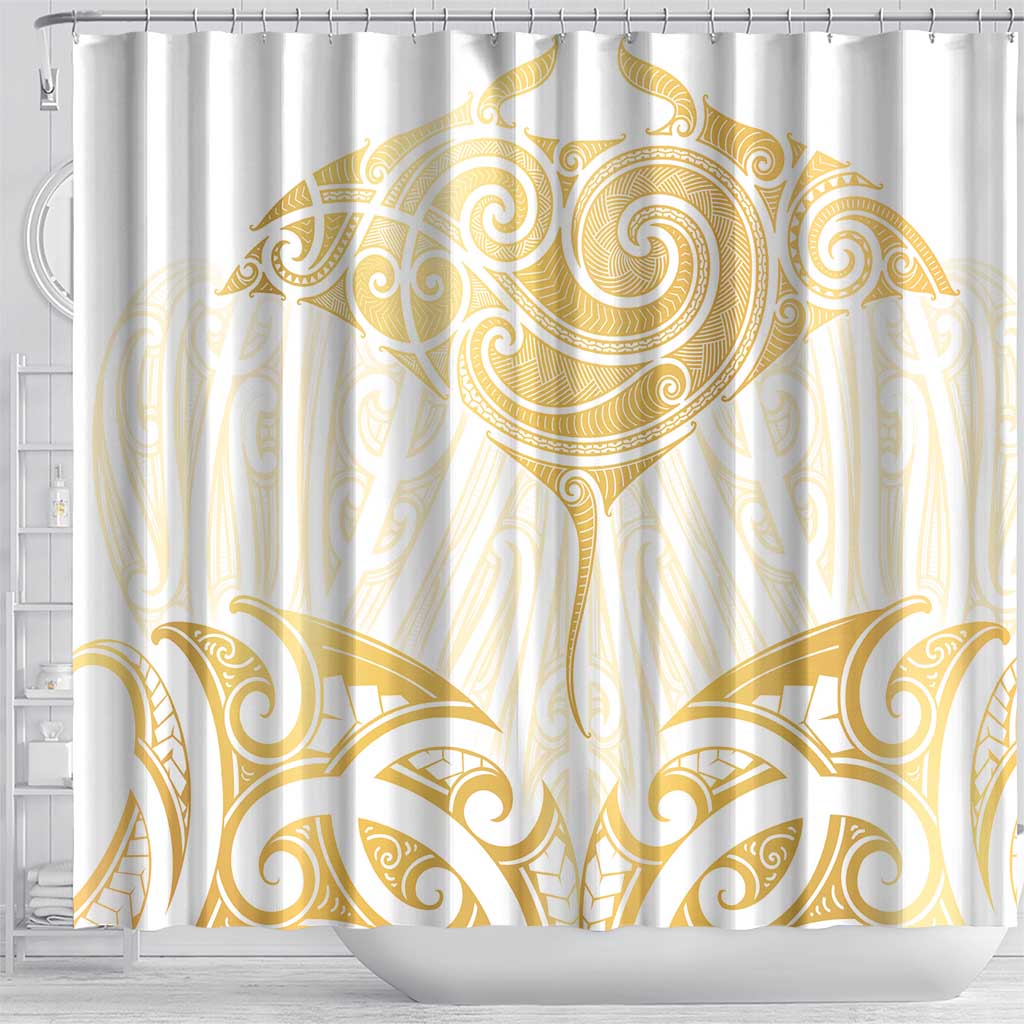 Gold White New Zealand Manta Ray Shower Curtain Aotearoa Maori Haehae - Polynesian Pride
