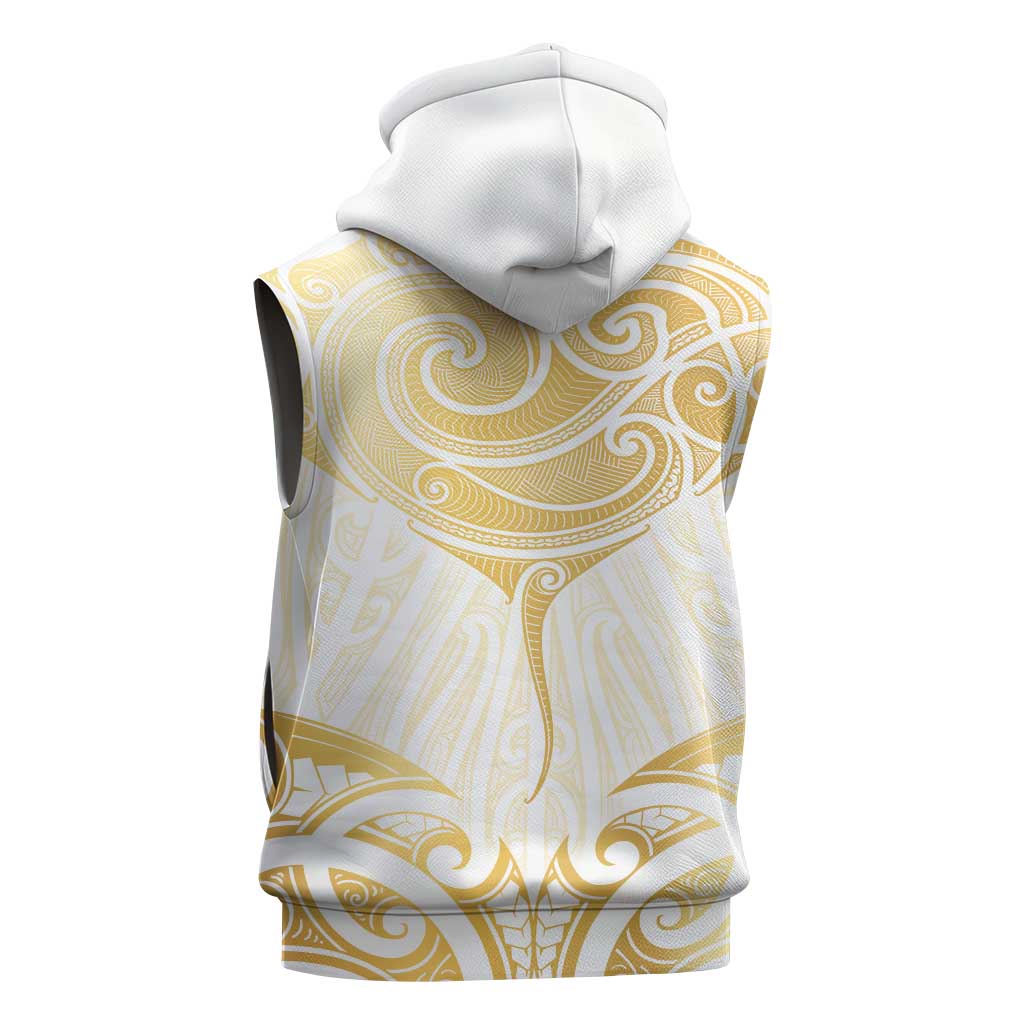Gold White New Zealand Manta Ray Sleeveless Hoodie Aotearoa Maori Haehae - Polynesian Pride