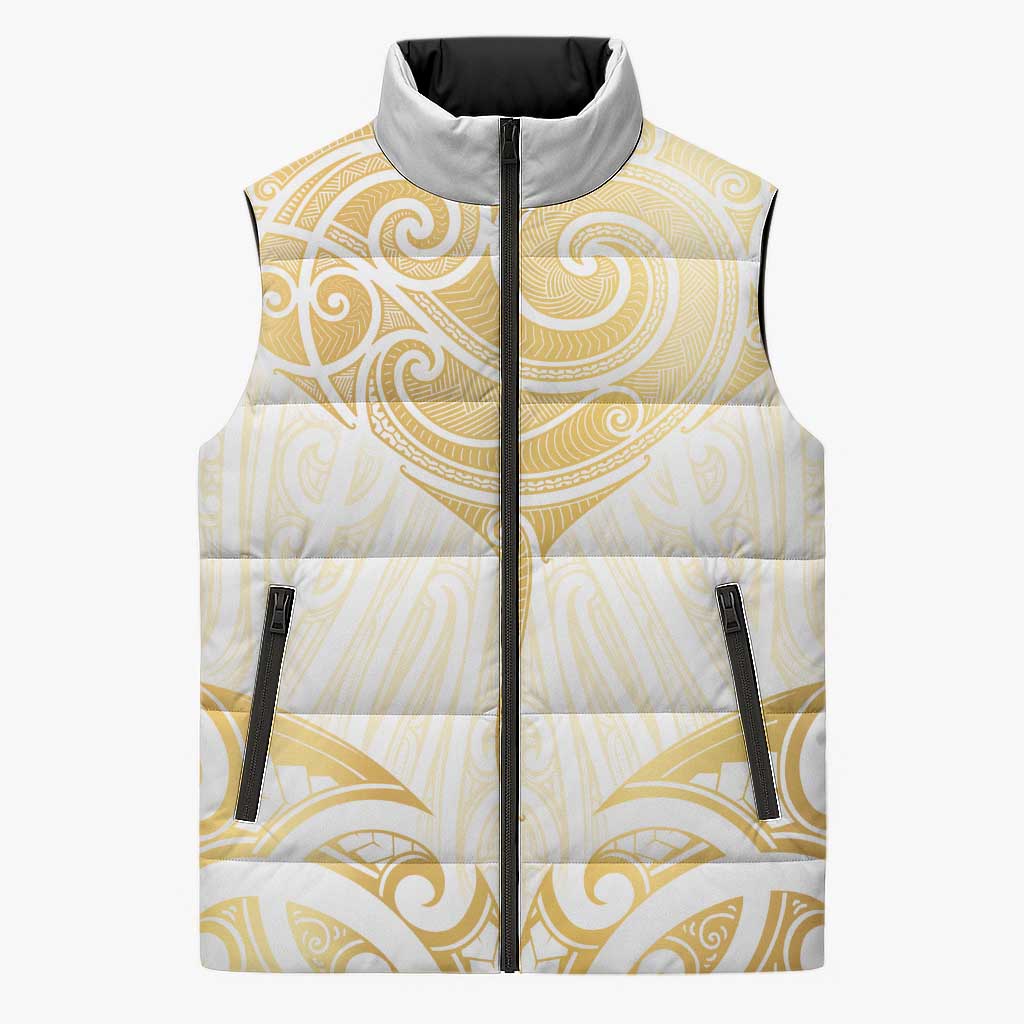 Gold White New Zealand Manta Ray Sleeveless Puffer Jacket Aotearoa Maori Haehae - Polynesian Pride
