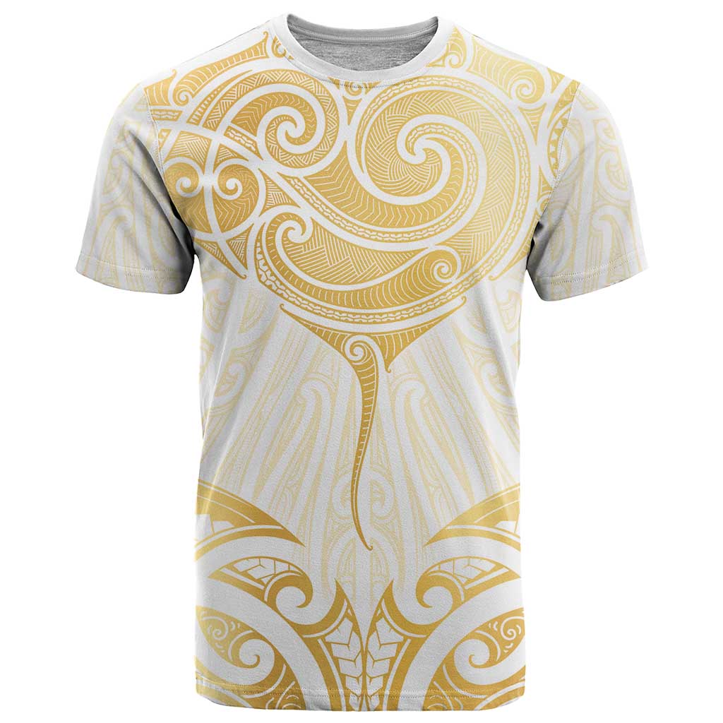Gold White New Zealand Manta Ray T Shirt Aotearoa Maori Haehae - Polynesian Pride